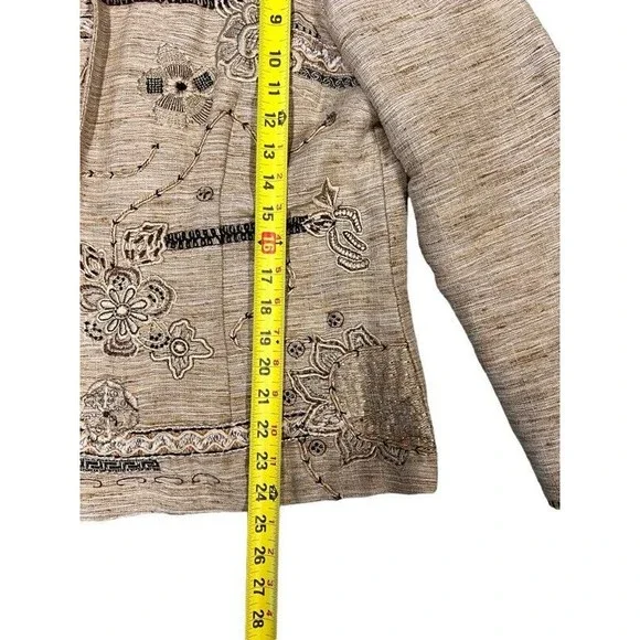 Coldwater Creek Tan Embroidered Floral Western Boho Linen Blazer Jacket Size 10 - Picture 11 of 11